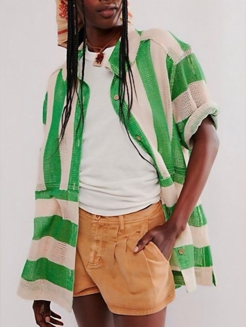 FREE PEOPLE We The Free Green and Cream Striped Knit Button-Up Top